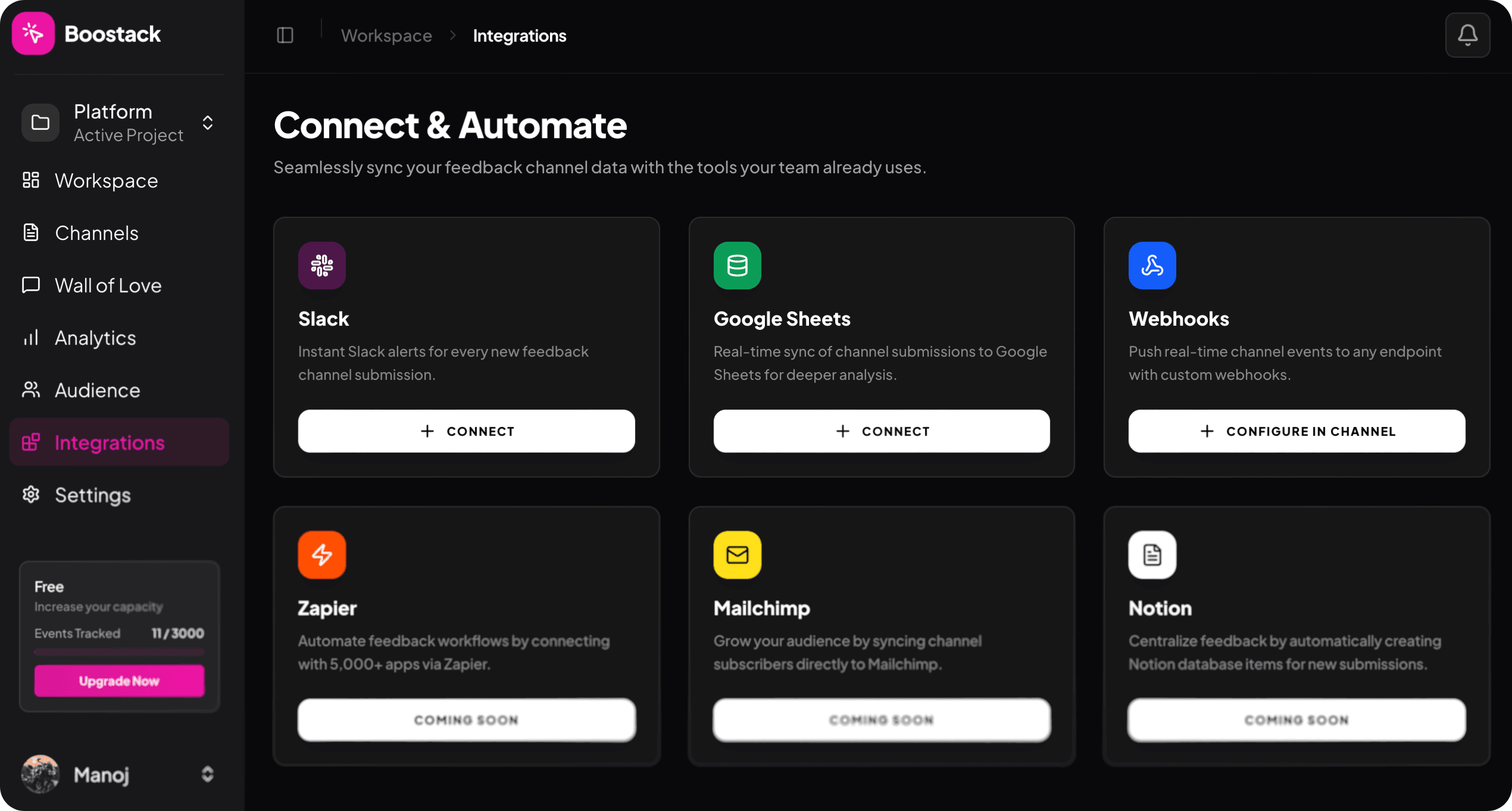Boostack Dashboard - Customer Feedback & Testimonial Management